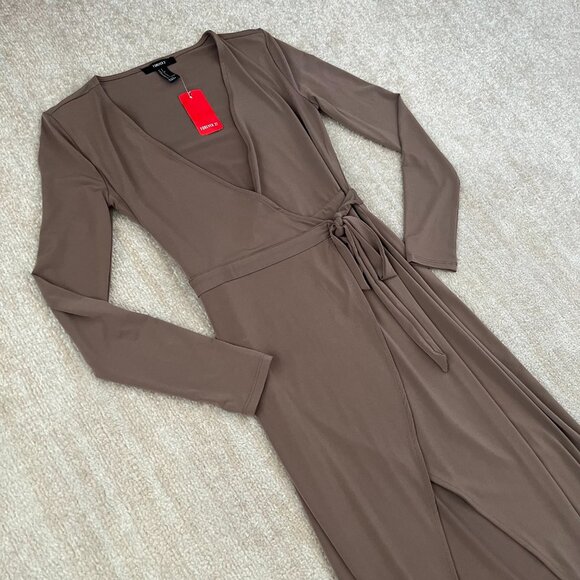 NWT Forever 21 Boho Summer Wrap Long Sleeve Dress S Taupe - Picture 3 of 11